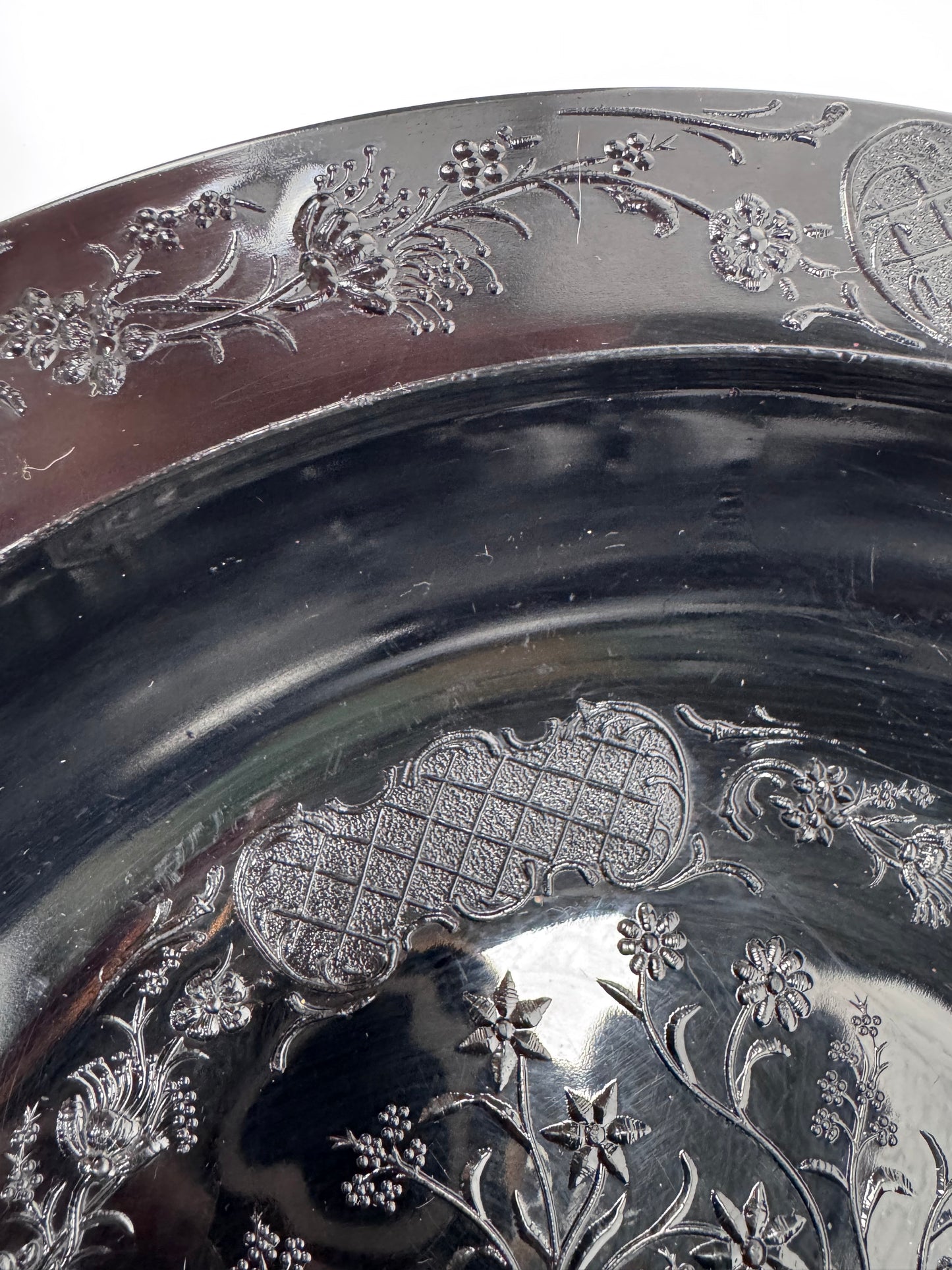 Vintage Footed Black Pressed Glass Bowl - Floral Trellis Decorative Pattern
