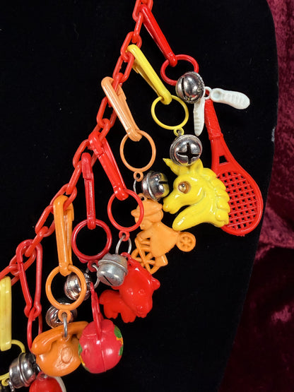 Vintage 1980s Plastic Chain Charm Necklace - 17 Bell Charms - Red Orange Yellow