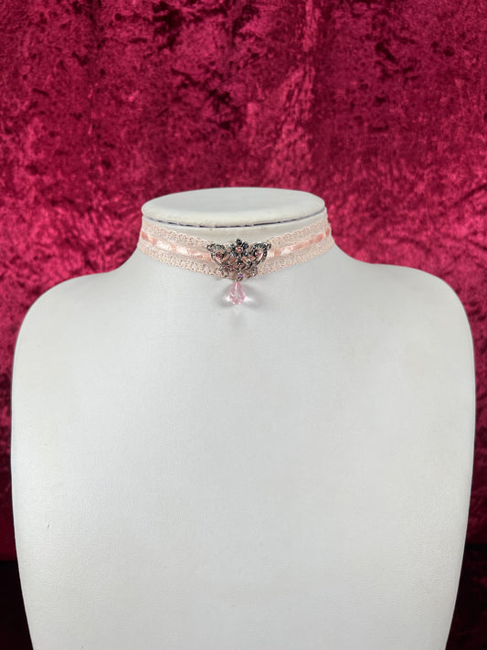 Vintage Jewelry - Y2K Choker Necklace - Pink Lace - Silver Flower