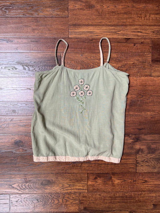 Vintage Clothing - Tank Top - Sage Green - Embroidered Pink Florals - Blue Sky - Large