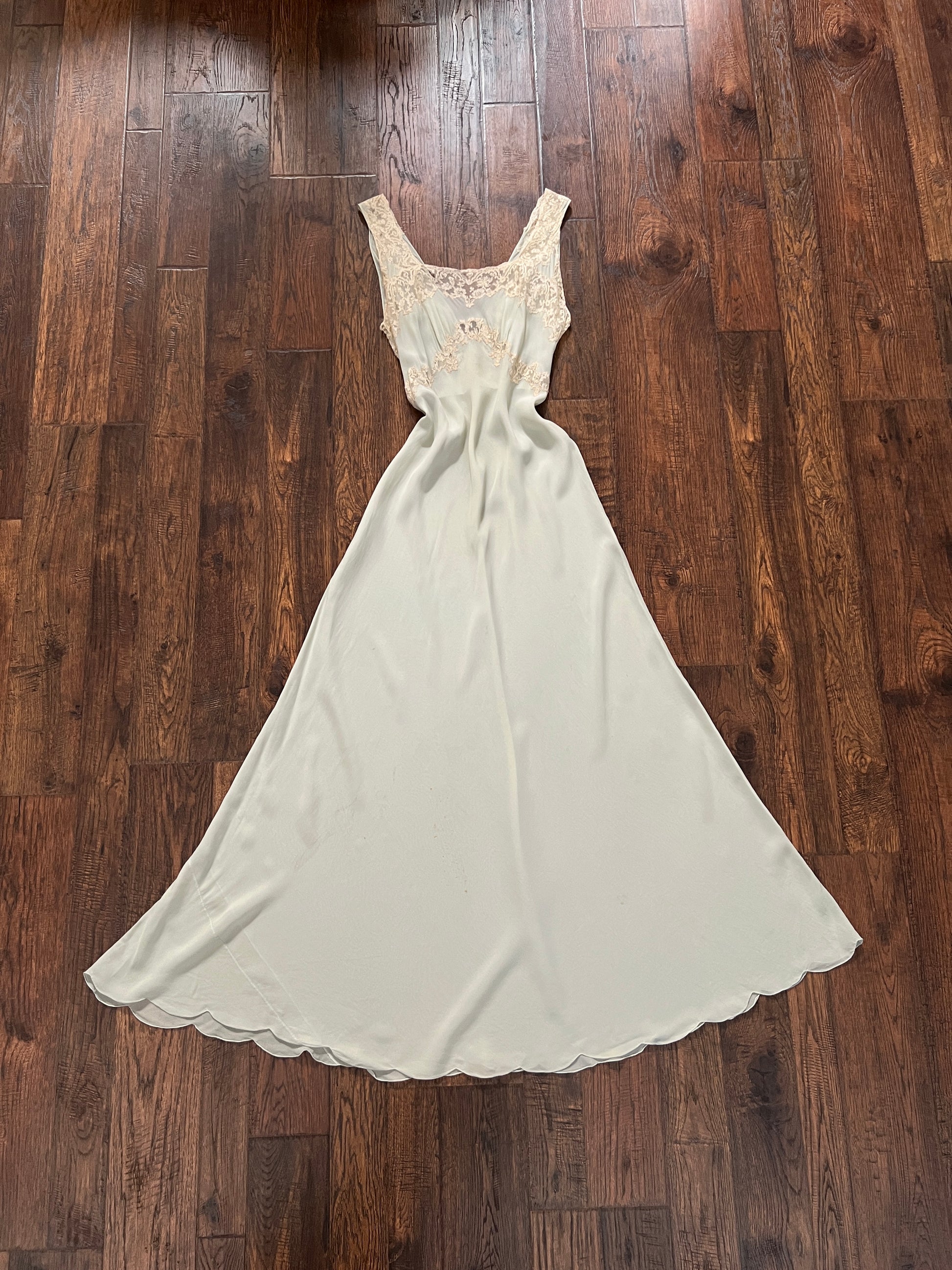 Vintage 1940s Bias Cut Slip Dress - Seafoam Green Lace Nightgown