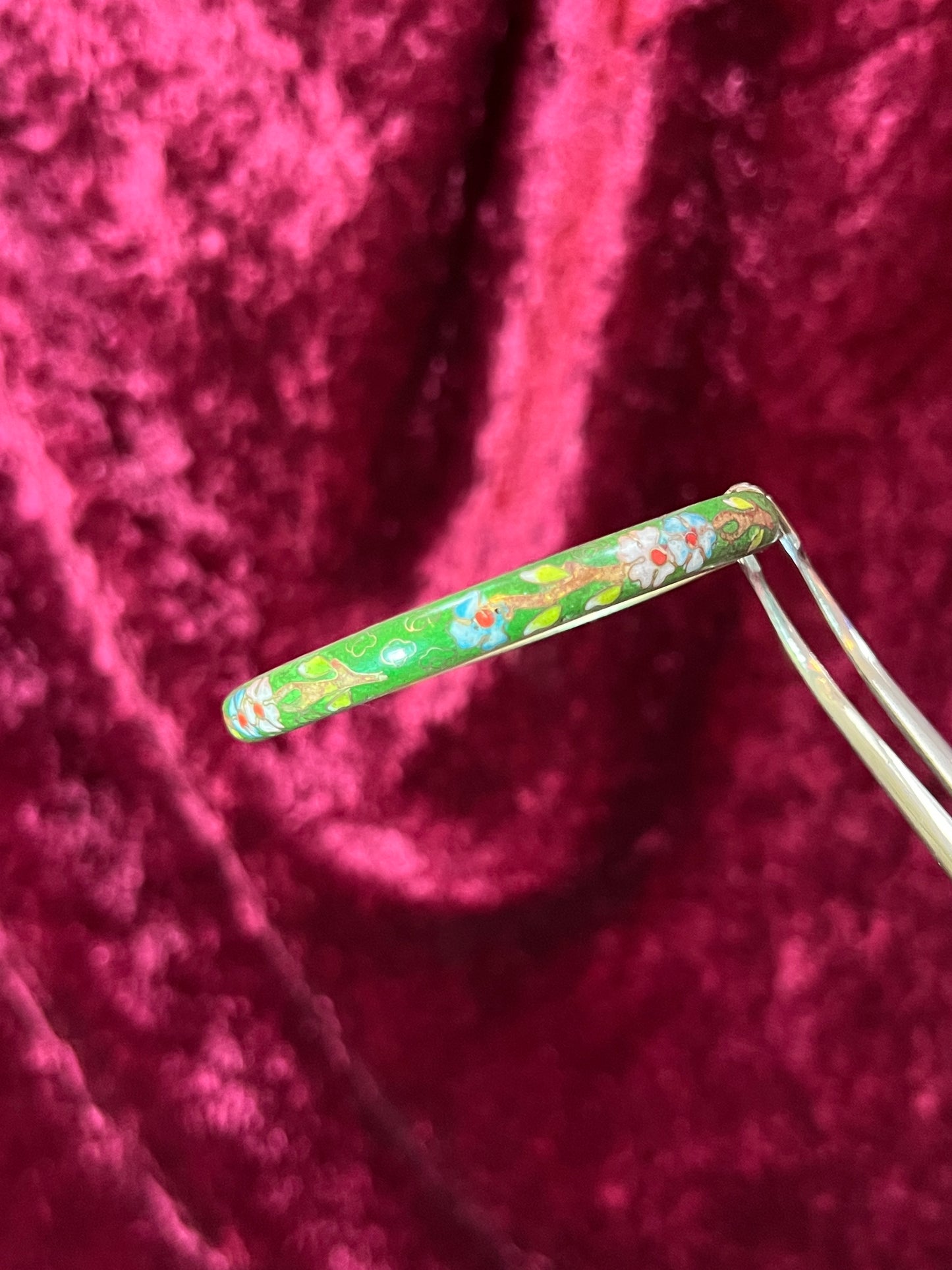 Vintage Jewelry - Cloisonne Bangle Bracelet - Pink and Blue Flowers on Green