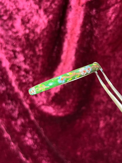 Vintage Jewelry - Cloisonne Bangle Bracelet - Pink and Blue Flowers on Green