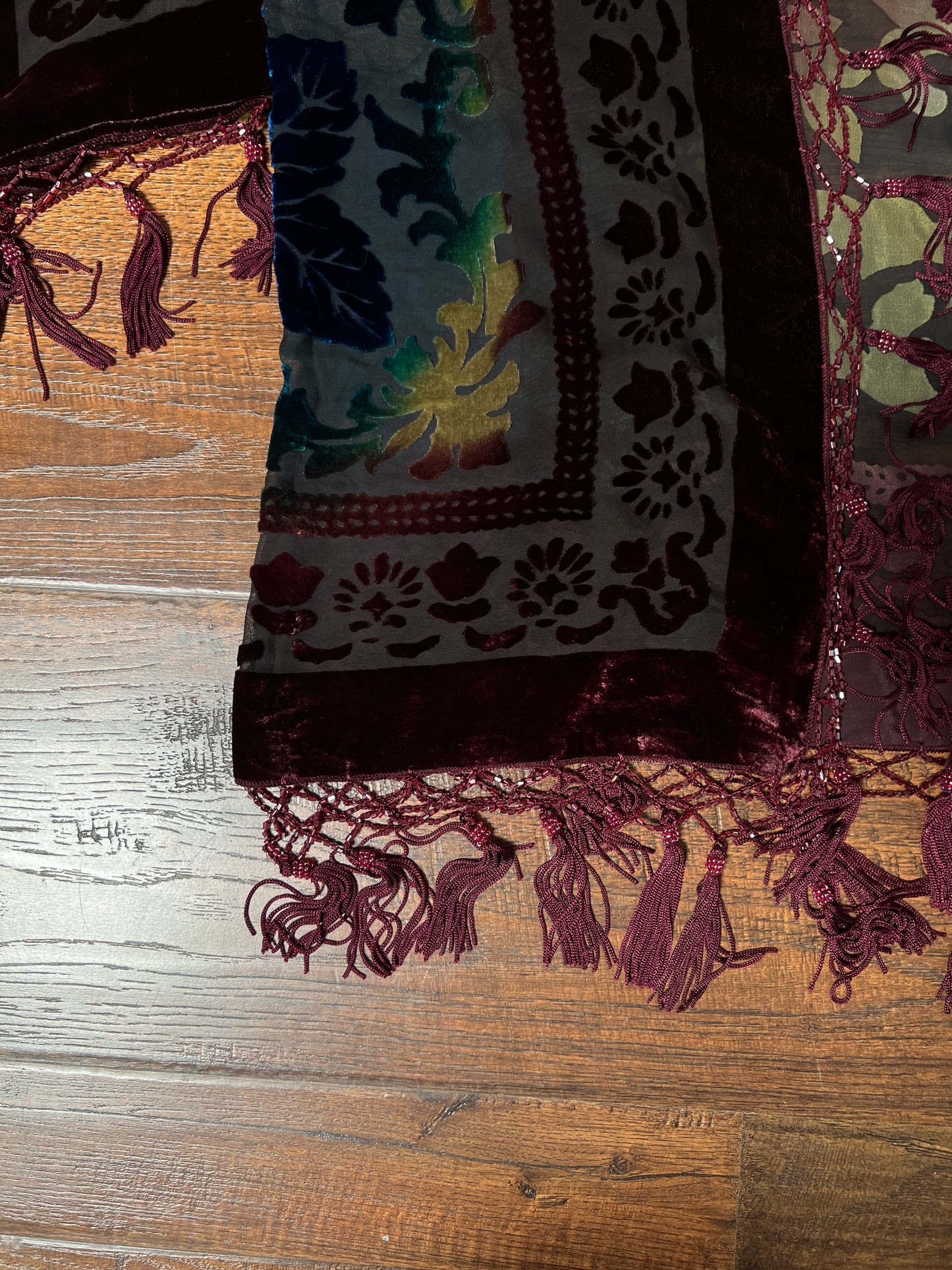 Vintage Velvet Burnout Shawl - Jewel Tone Floral Beaded Fringe Wrap - Size Small