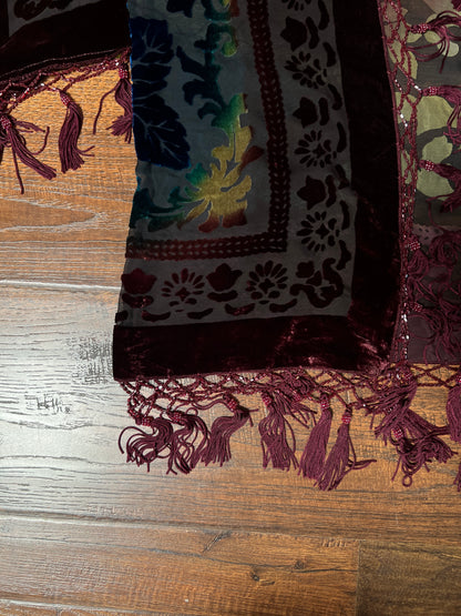 Vintage Velvet Burnout Shawl - Jewel Tone Floral Beaded Fringe Wrap - Size Small