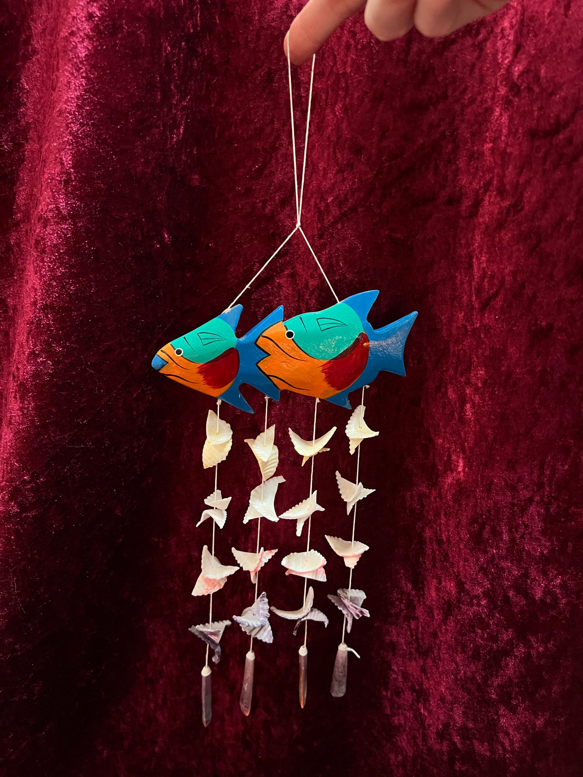 Vintage Wood Fish Wind Chime - Hand Painted Tropical Fish Seashell Mobile