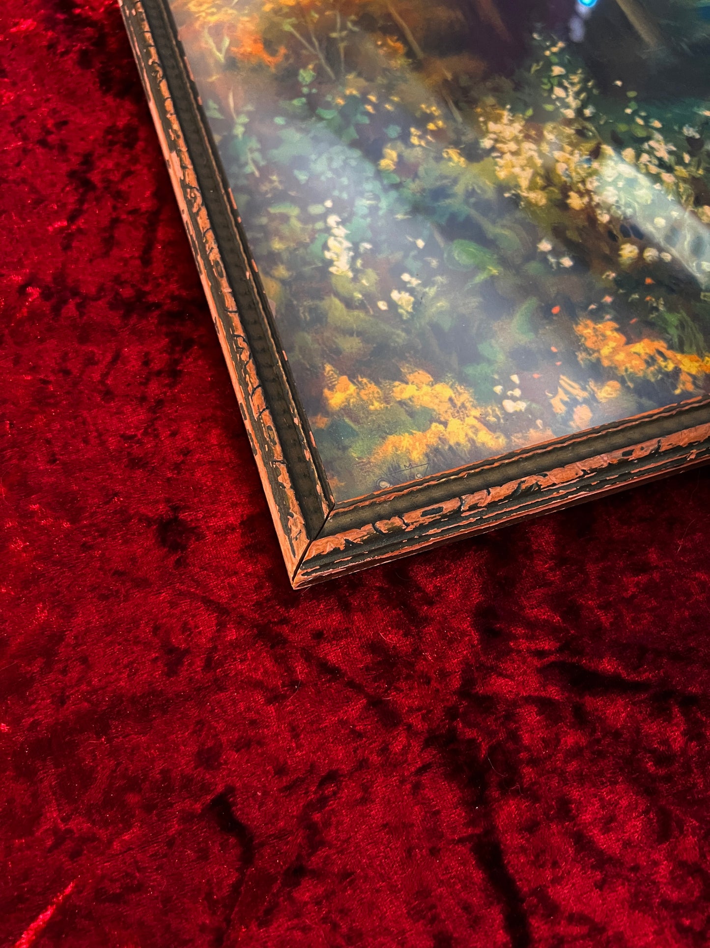 Vintage Framed Landscape Print - Woodland Lakeside Impressionist Scene