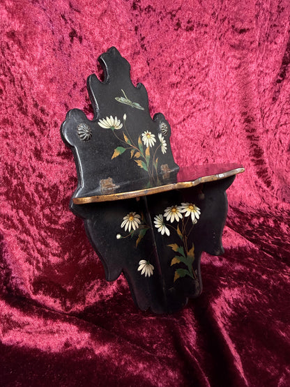Antique Victorian Papier-Mache Collapsible Wall Shelf – Hand Painted Daisies and Dragonfly on Black Lacquer
