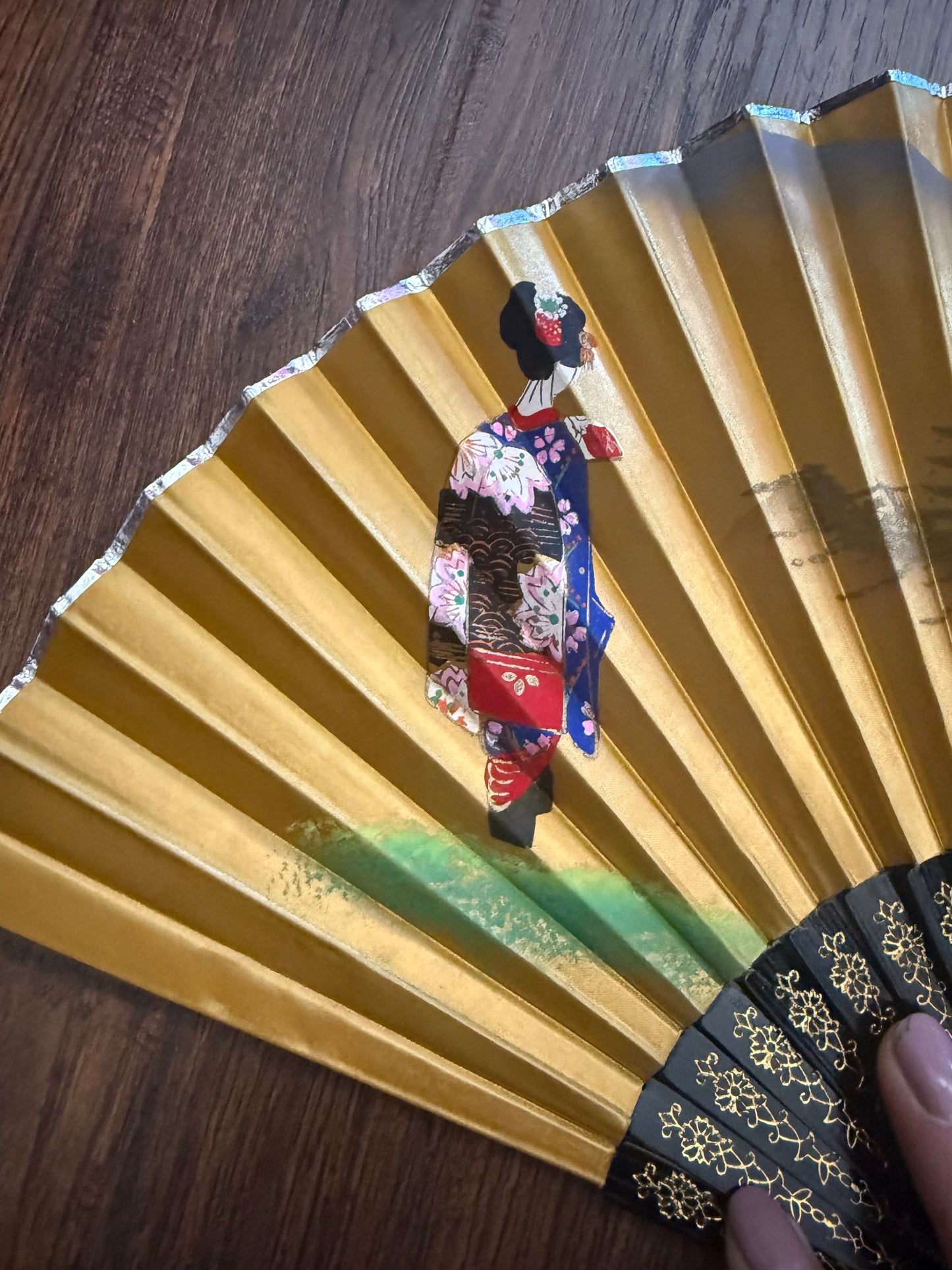 Vintage Paper Fan - Gold Paper Japanese Sakura Blossoms with Geisha