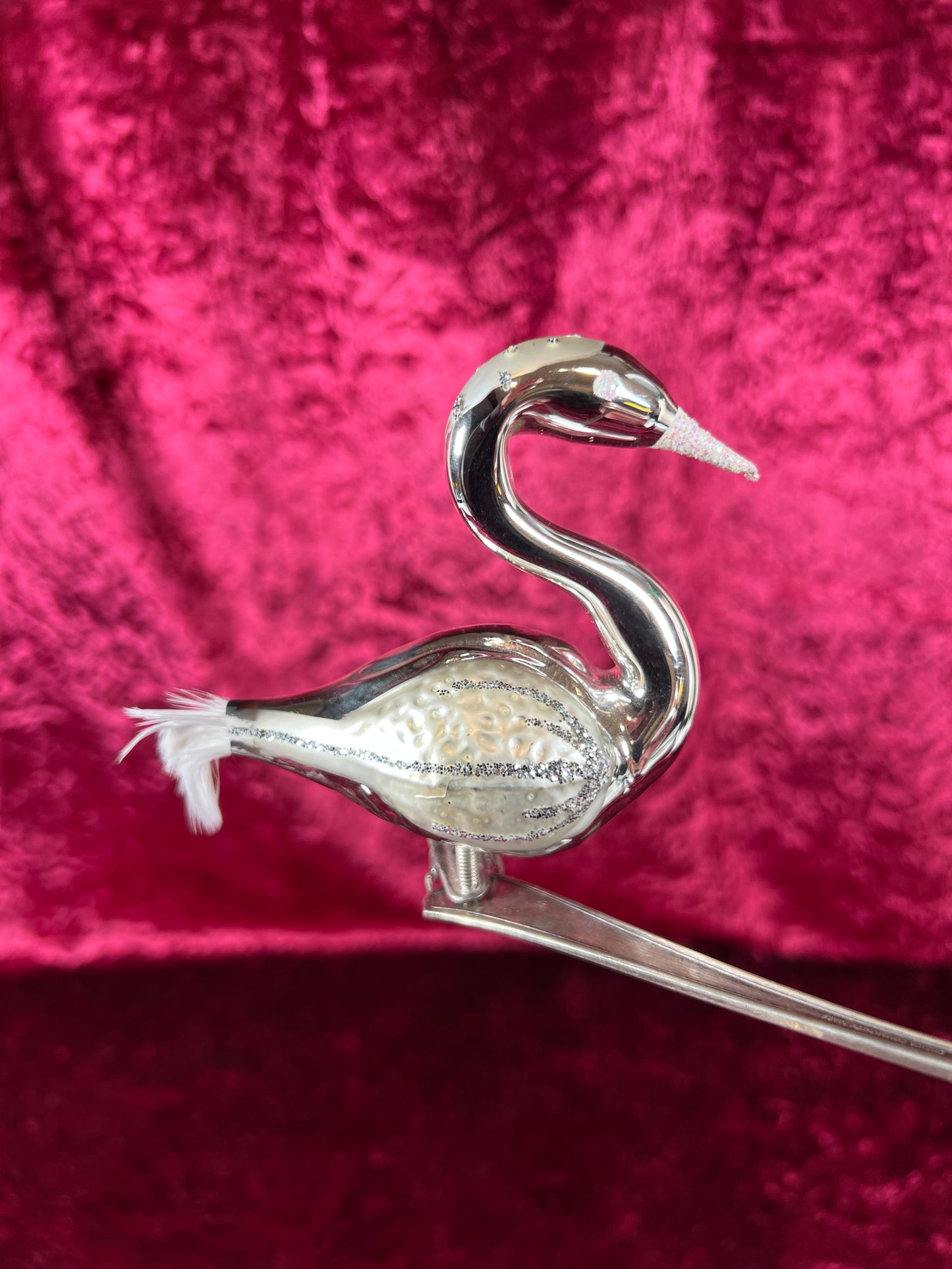 Vintage Christmas - Glass Clip-On Ornament - Silver Swan with Feather Tail