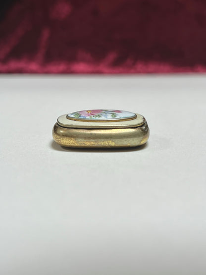 Vintage Trinket Box - Brass Pill Box - Hand Painted Pink Floral Design