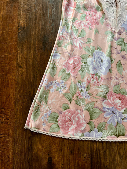 Vintage Silky Nightgown and Robe Lingerie Set - Pink Floral Print Peignoir Ensemble - Val Mode