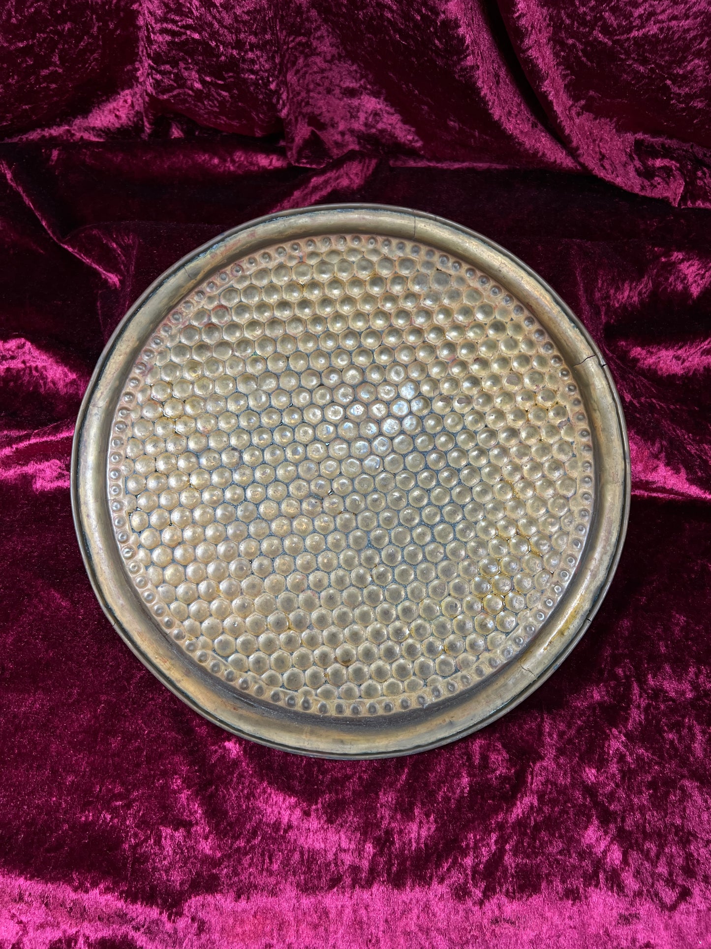Vintage Brass Tray - Hammered Honeycomb Pattern Round Serving Platter