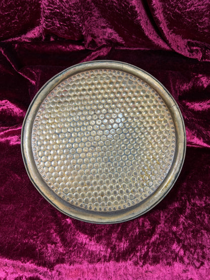 Vintage Brass Tray - Hammered Honeycomb Pattern Round Serving Platter