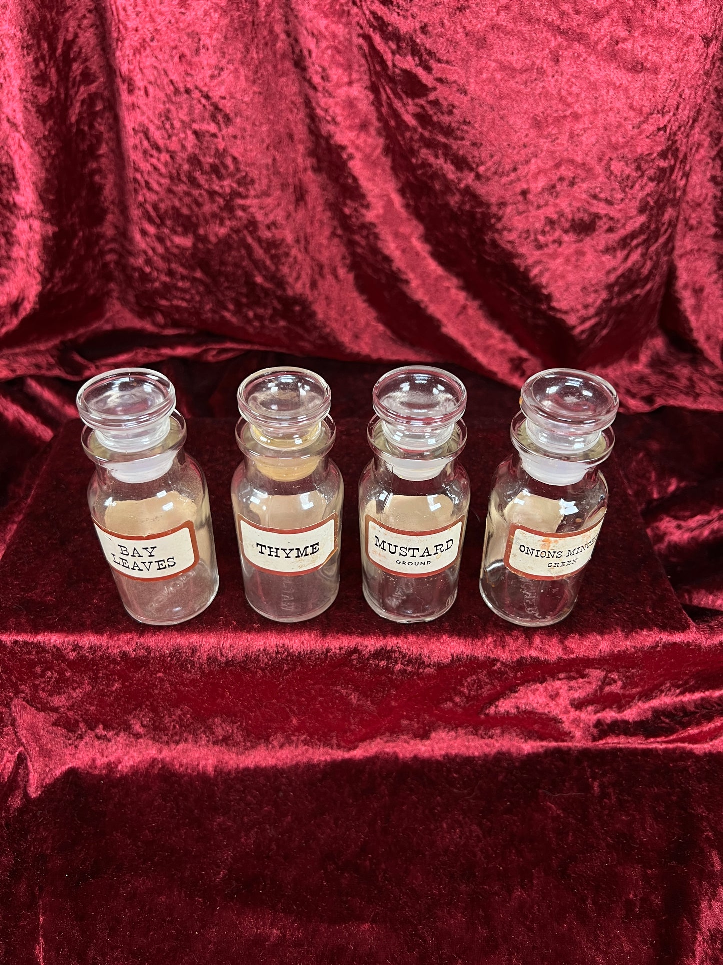 Vintage Glass Apothecary Style Spice Jar Set with Original Labels - Kitchen Collection Set