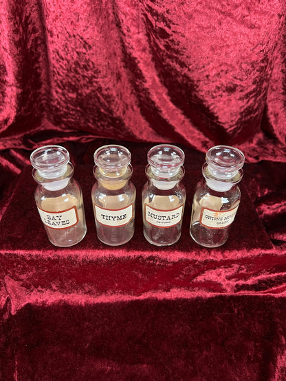 Vintage Glass Apothecary Style Spice Jar Set with Original Labels - Kitchen Collection Set