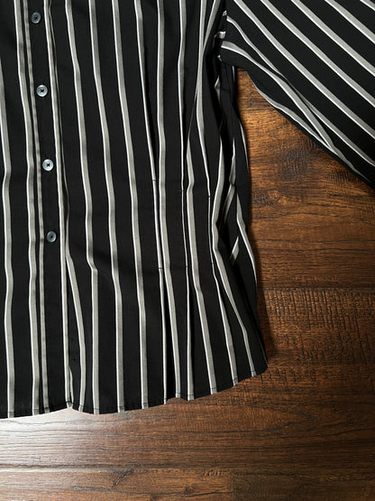 Vintage Foxcroft Fitted Blouse - Black Grey Striped Pleated Waist - Size Large