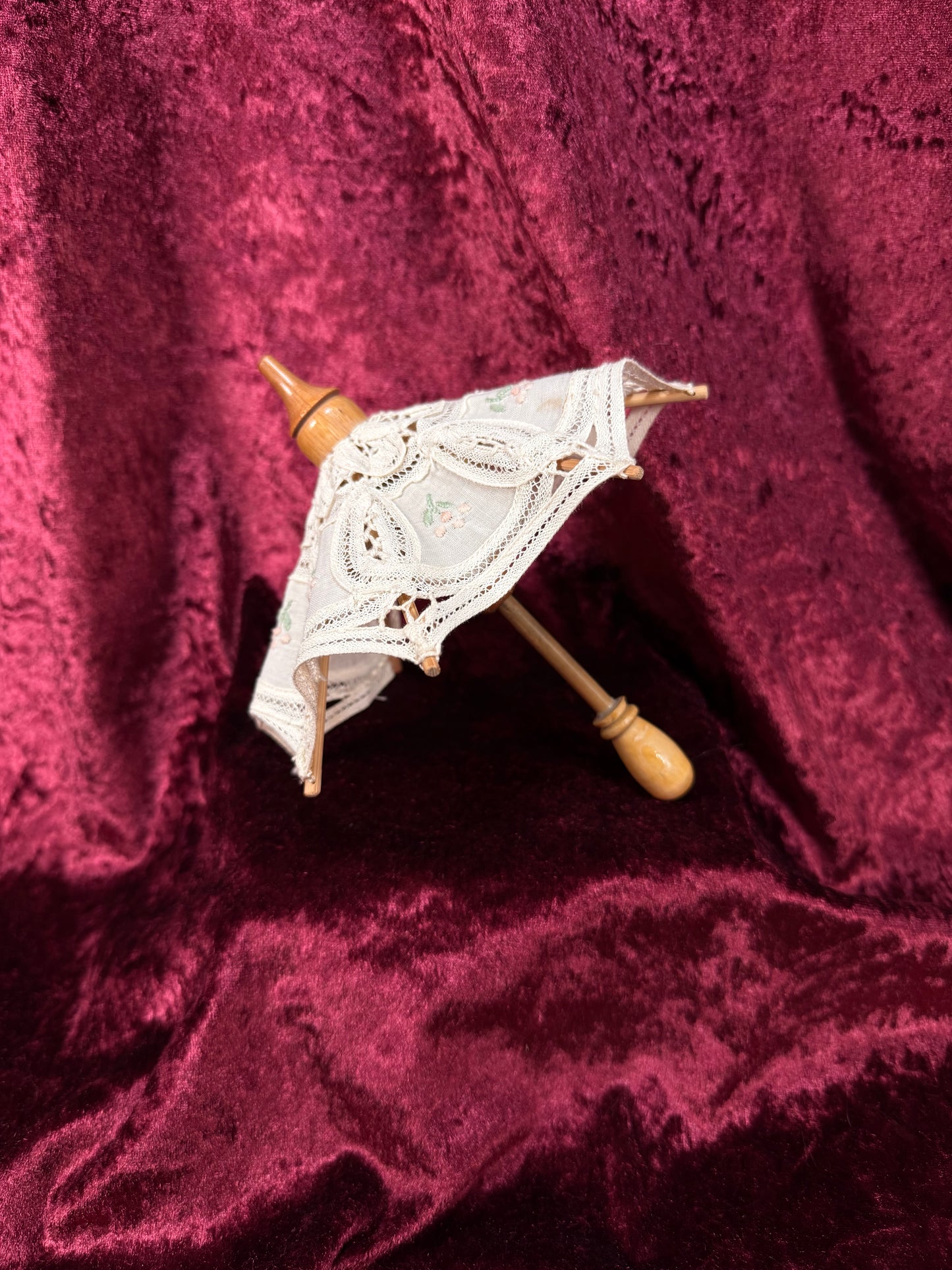 Vintage Miniature Parasol – Hand Embroidered Rossettes with Lace Accents
