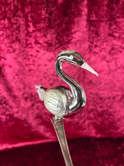 Vintage Christmas - Glass Clip-On Ornament - Silver Swan with Feather Tail