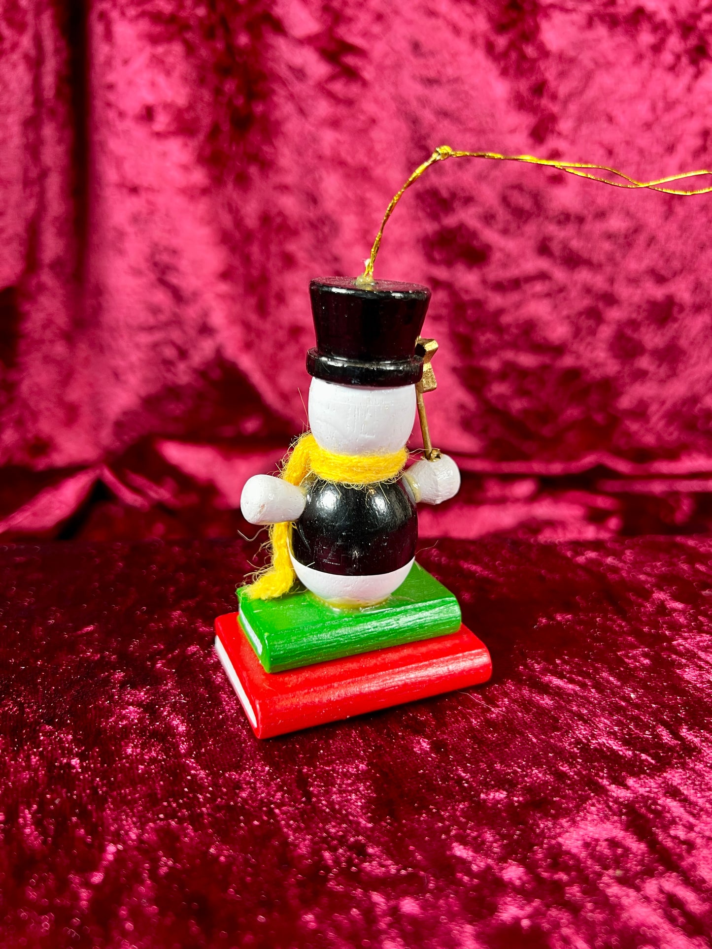 Vintage Christmas - Hand Painted Wood Ornament - Snowman Sitting On Books