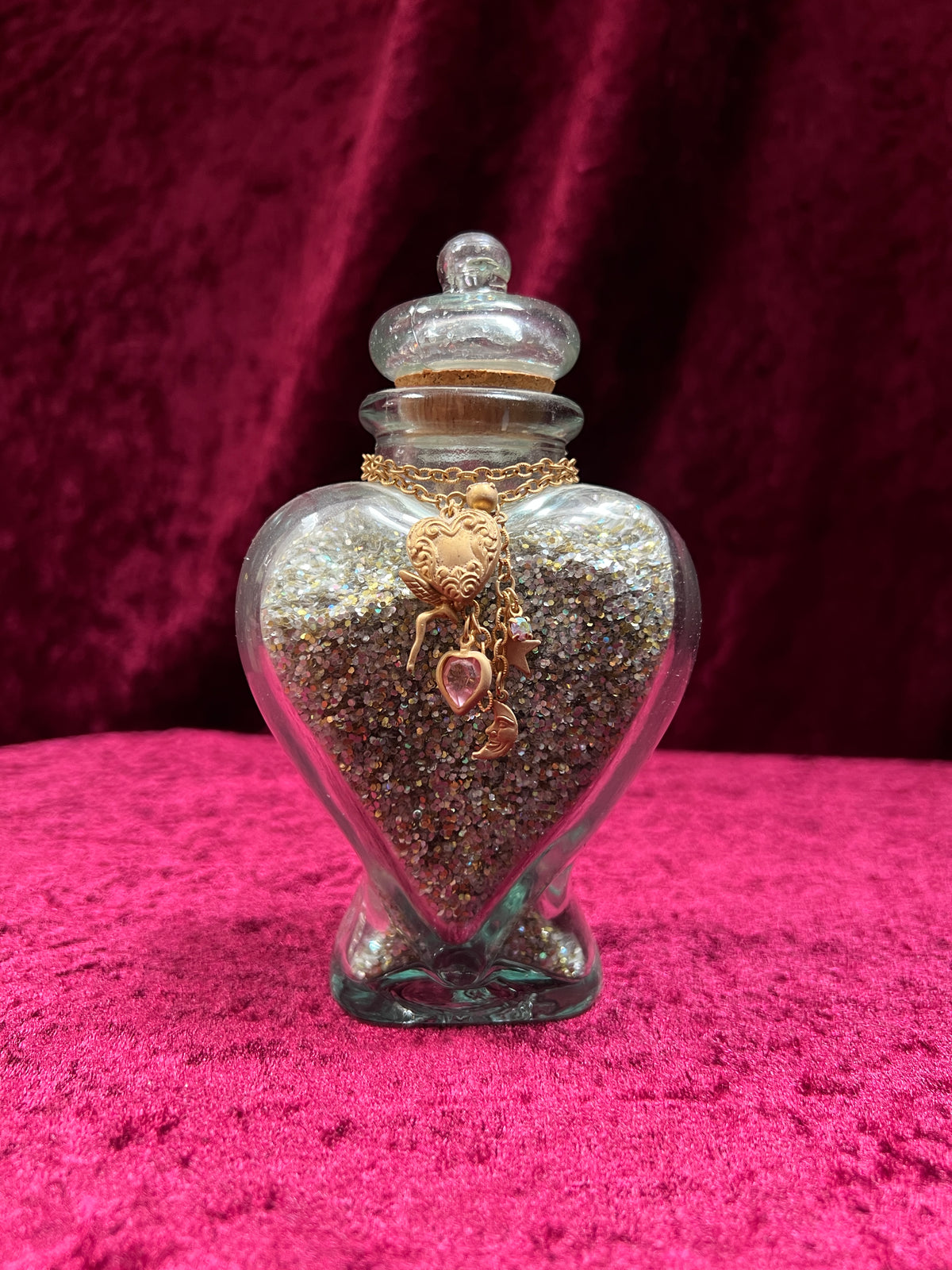 Vintage Kirks Folly Glass Follydust Bottle - Glitter Heart Jar Celestial Charms with Original Box