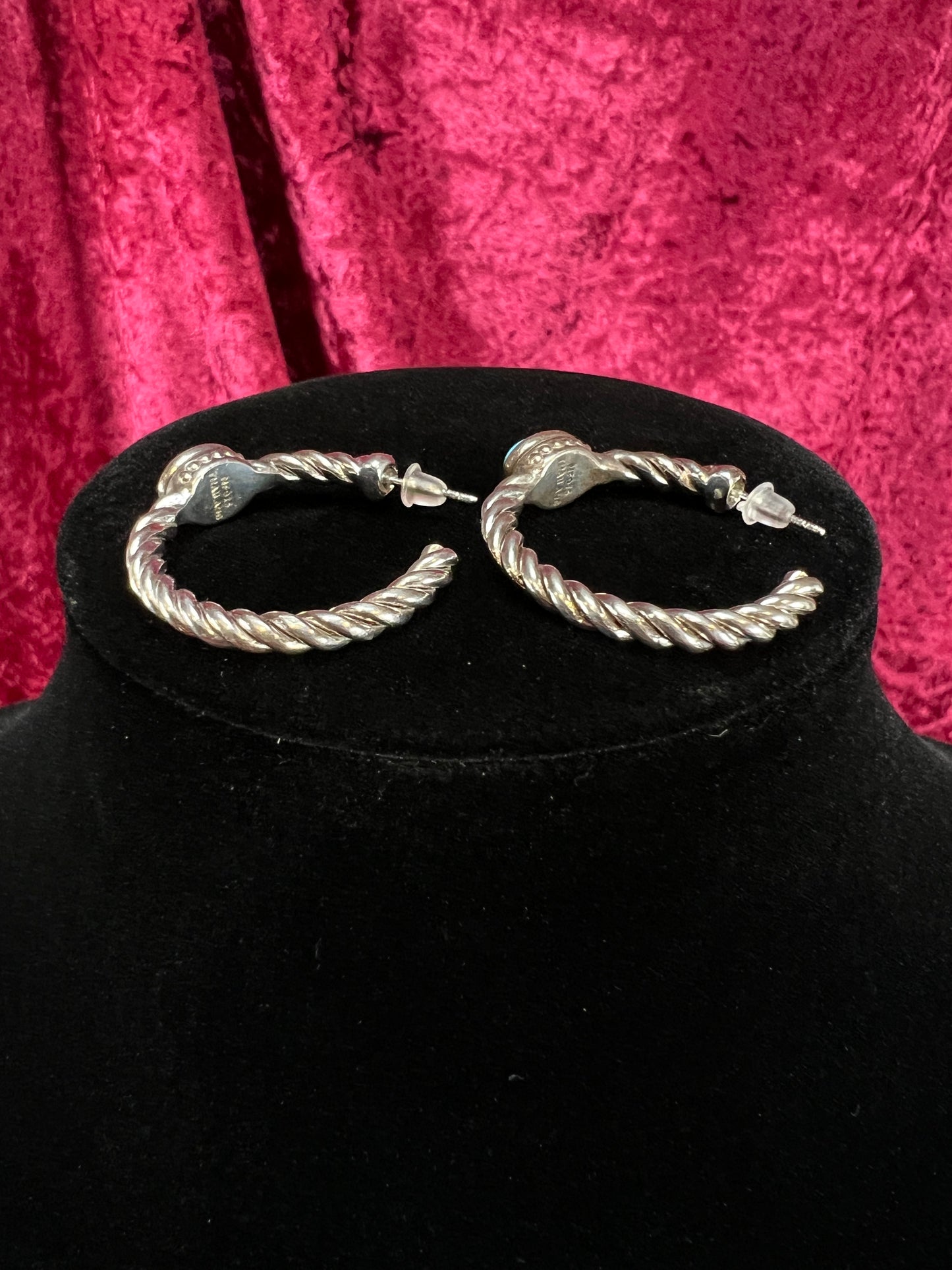 Vintage Style Sterling Silver Twisted Hoop Earrings – Cinderella Turquoise Cabochon