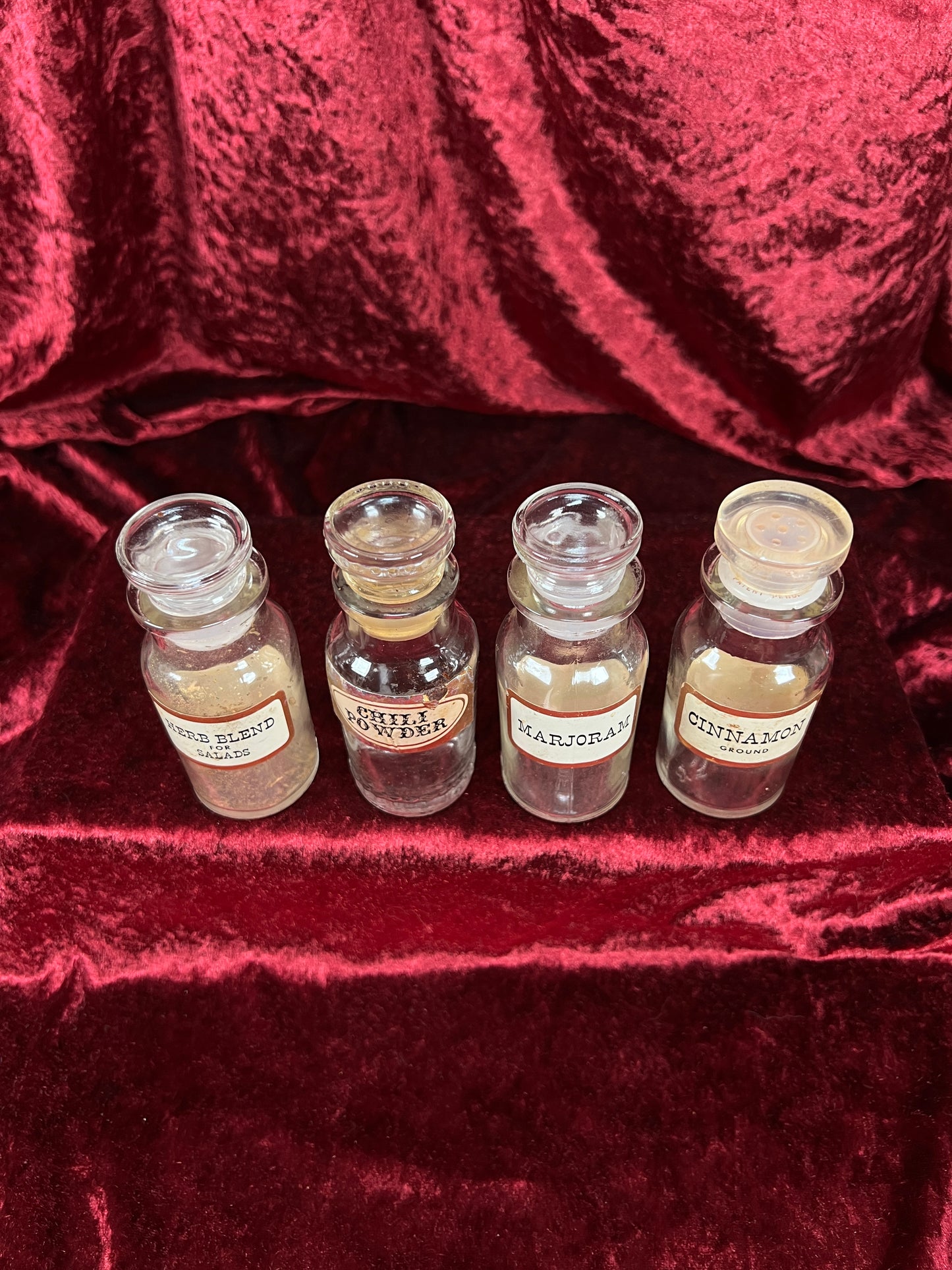 Vintage Glass Apothecary Style Spice Jar Set with Original Labels - Kitchen Collection Set