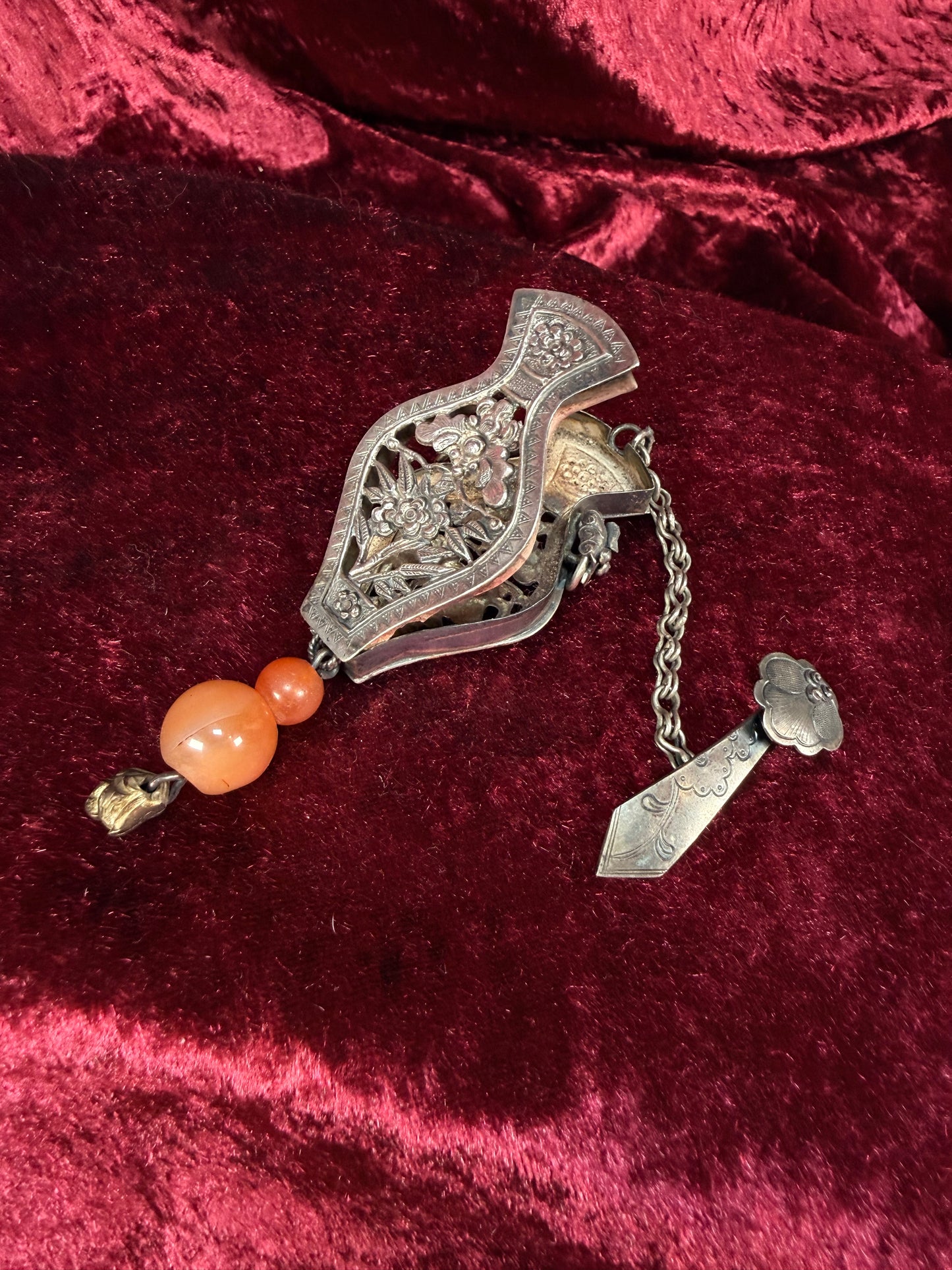 Antique Sterling Silver Needle Case Pendant Chatelaine – Carnelian Bead Late Qing Dynasty Style