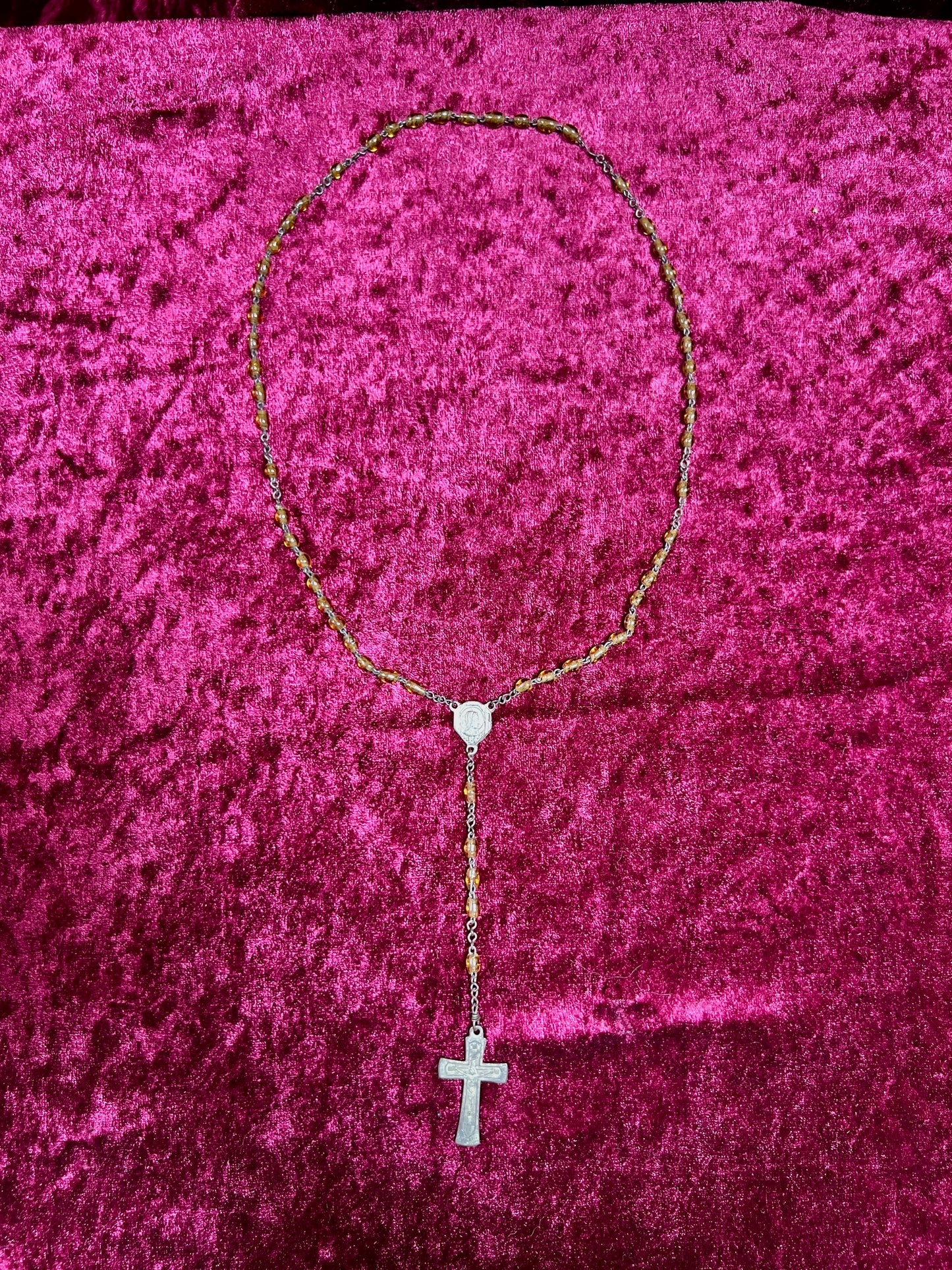 Vintage Jewelry - Rosary Beads - Clear Amber Beads - Brass Tone Cross - 14"