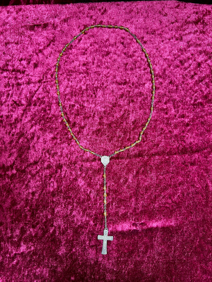 Vintage Jewelry - Rosary Beads - Clear Amber Beads - Brass Tone Cross - 14"