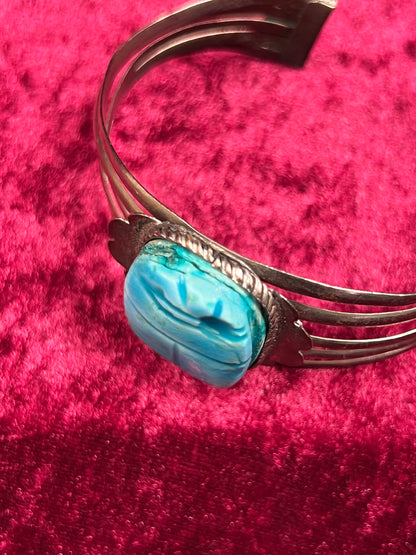 Vintage Jewelry - Chunky Cuff Bracelet - Egyptian Revival Blue Scarab