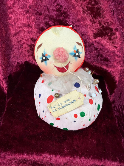 Vintage Pin Cushion Set – Mid Century Jester Clown and Drum - Tape Measure Nose