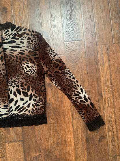 Vintage Clothing - Y2K Mesh Zip Up Sweatshirt - Leopard Print and Black Lace - Jaipur - Medium