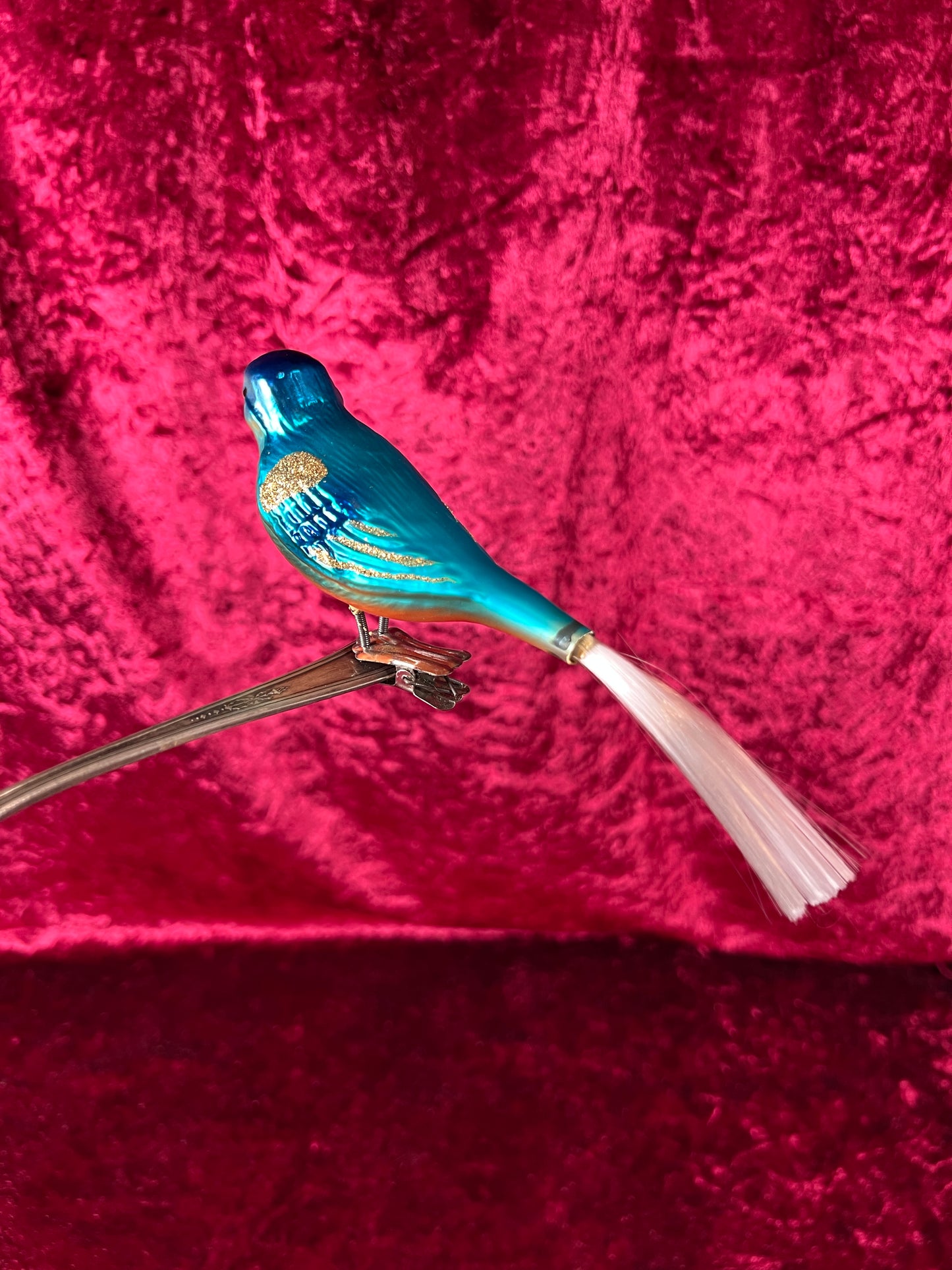 Vintage Christmas - Glass Clip-On Ornament - Blue Bird with Nylon Hair Tail