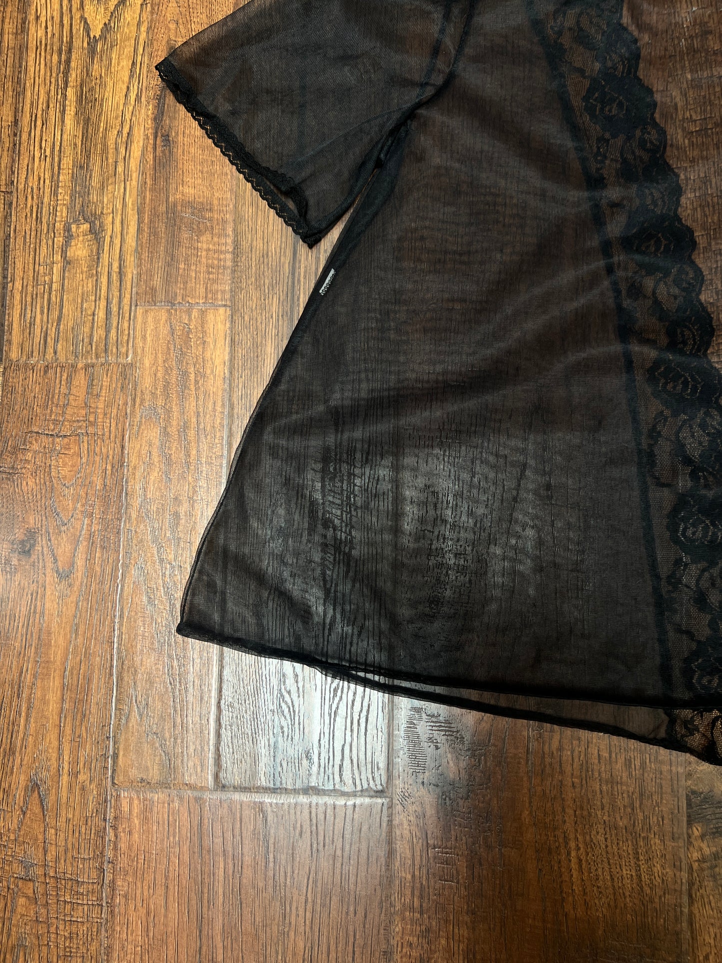 Vintage Night Winks Bed Jacket -  Sheer Black with Floral Lace Open Front - Medium