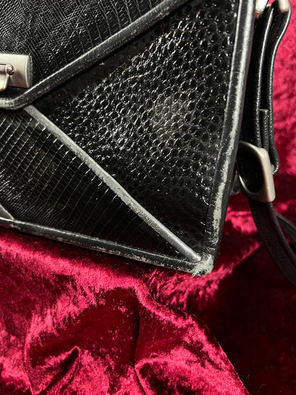 Vintage Y2K Black Leather Shoulder Bag - Reptile Embossed Patchwork Purse