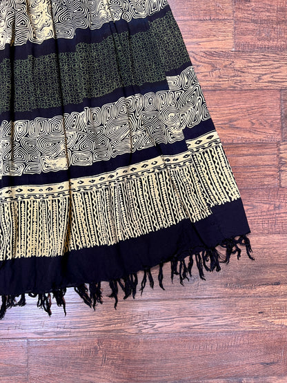Vintage Gauzy Cotton Blend Full Length Skirt – Tiki Style Pattern with Fringe Hem - Ruby's Moods