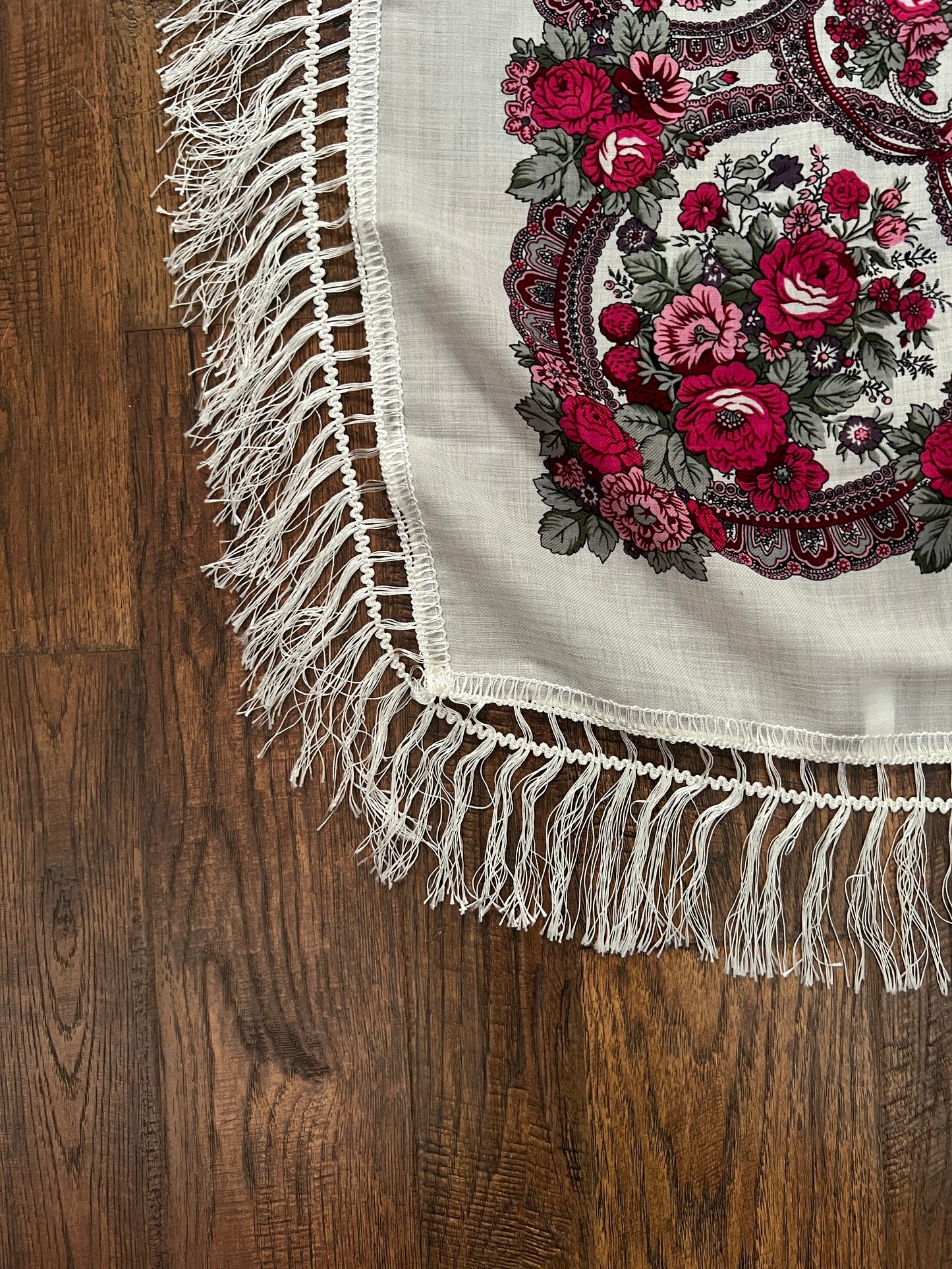 Vintage Kashmir Woole Floral Fringe Scarf - White Rose Square Wrap Bohemian Style