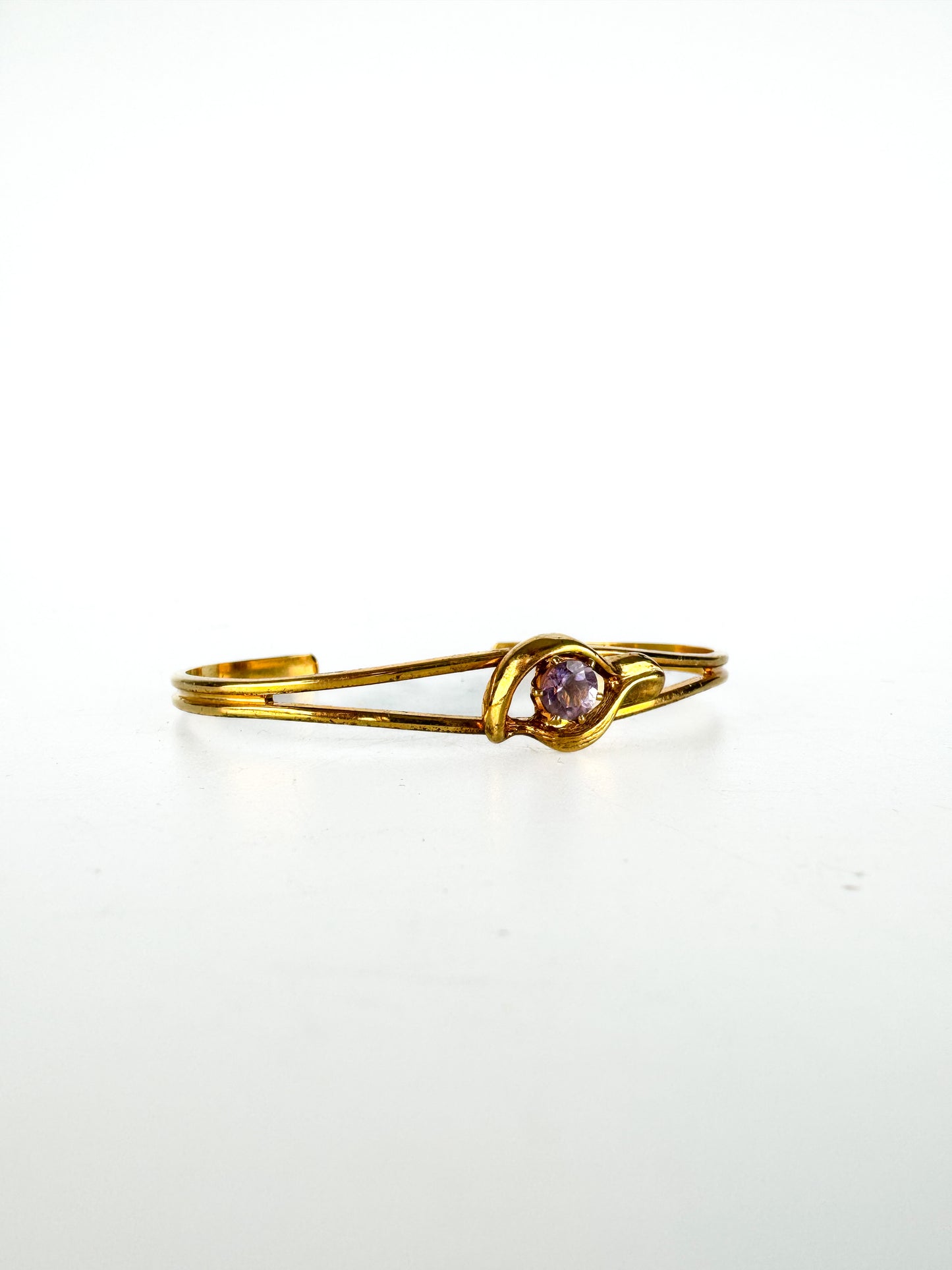 Vintage Dainty Gold Tone Cuff Bracelet with Pink Center Rhinestone