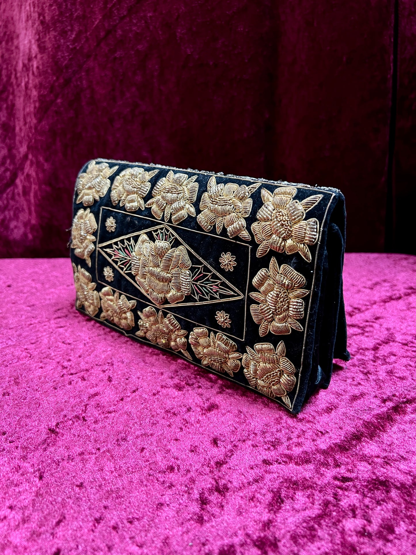 Vintage Double Sided Velvet Evening Clutch – Embroidered Peacock - Zardozi