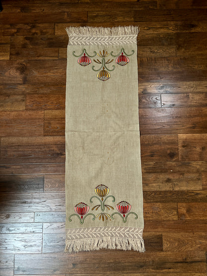 Vintage Linen Table Runner - Hand Embroidered Art Deco Florals Crochet Lace Fringe