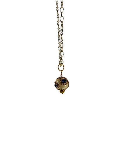 Vintage Necklace - Enamel and Rhinestone Bead on Gold Tone Chain - Magnetic Closure