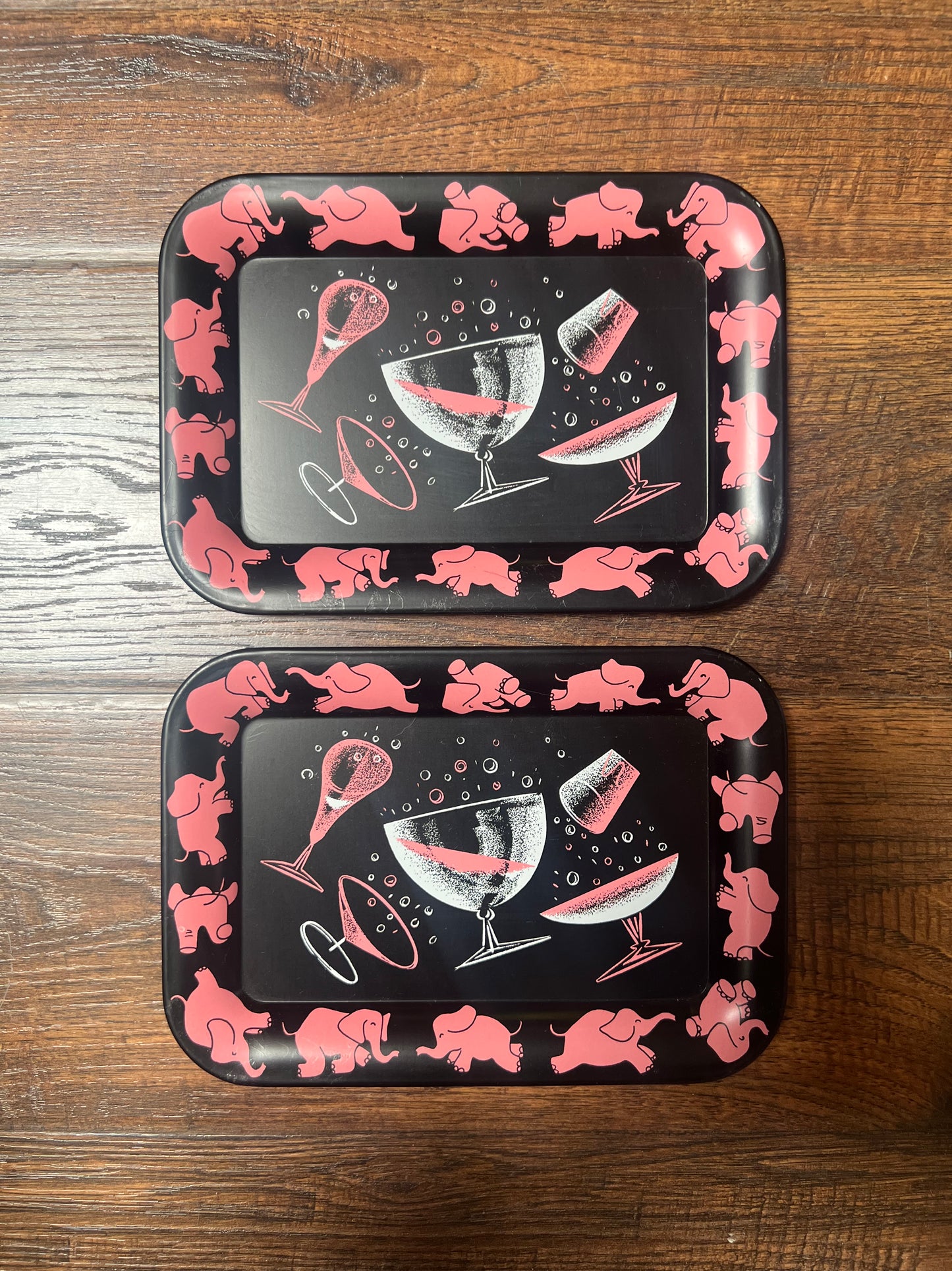 Vintage Barware - Pair of Snack Trays - Mid Century Pink Elephants