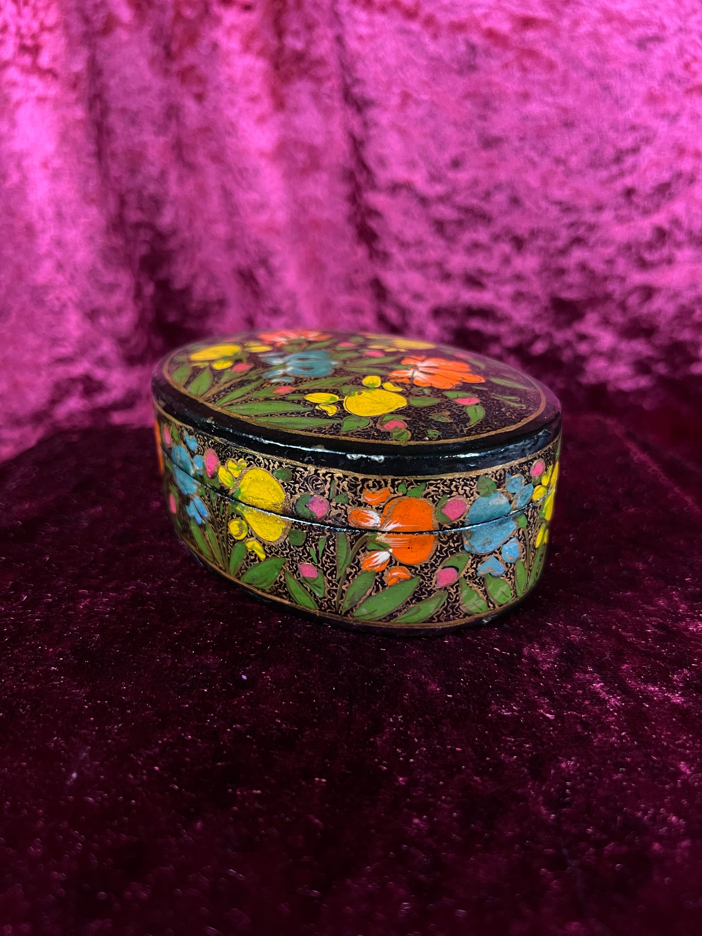 Vintage Papier Mache Trinket Box - Hand Painted Floral Kashmir Style