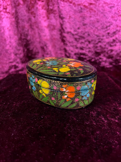 Vintage Papier Mache Trinket Box - Hand Painted Floral Kashmir Style