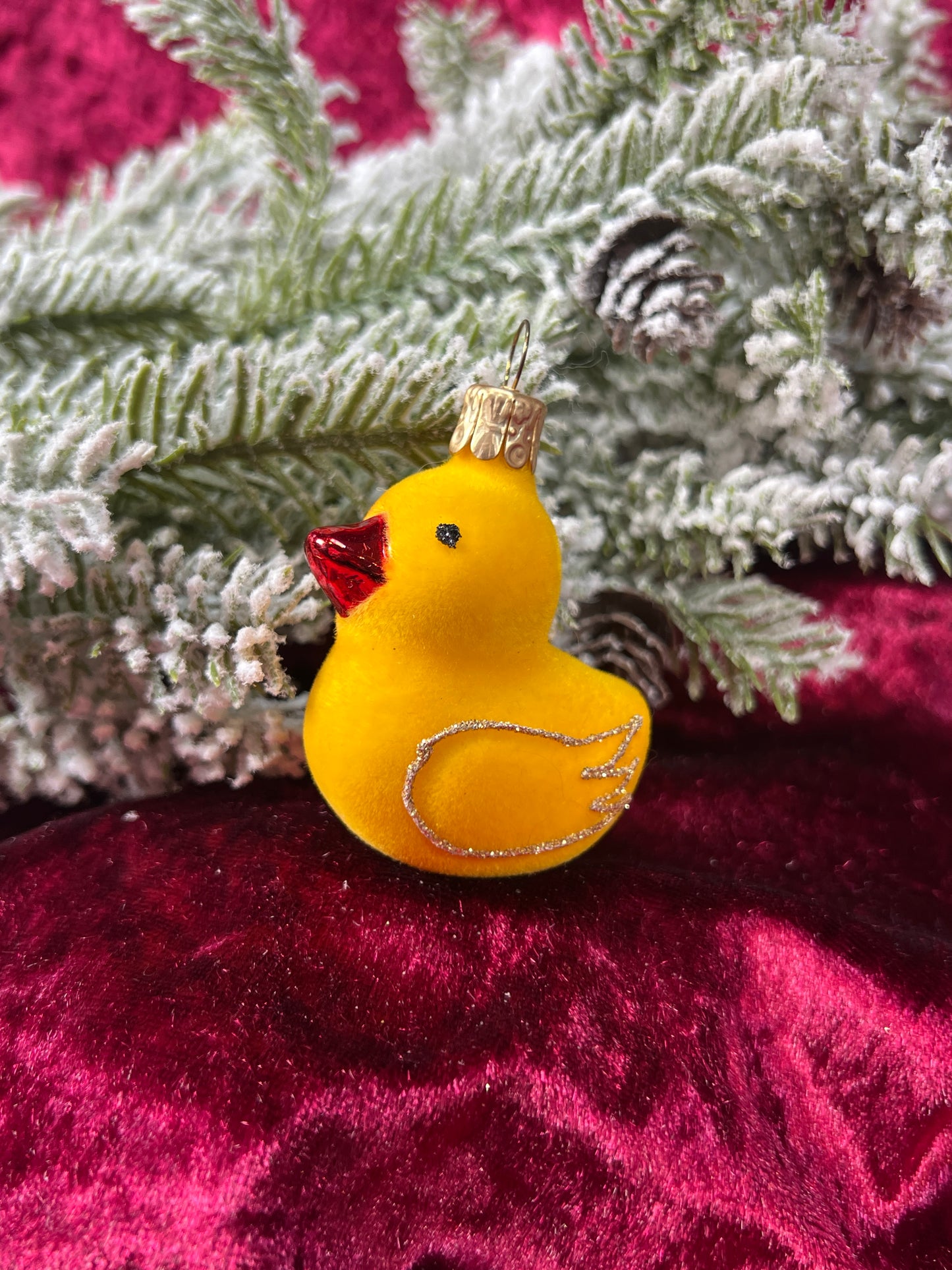 Vintage Christmas - Handblown Glass Ornament - Fuzzy Rubber Ducky