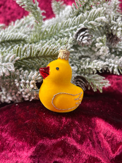 Vintage Christmas - Handblown Glass Ornament - Fuzzy Rubber Ducky