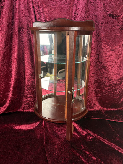 Vintage Curio Cabinet - Table Top Wood Curved Glass Cabinet - Mirrored Back - Glass Shelves - 20" Tall