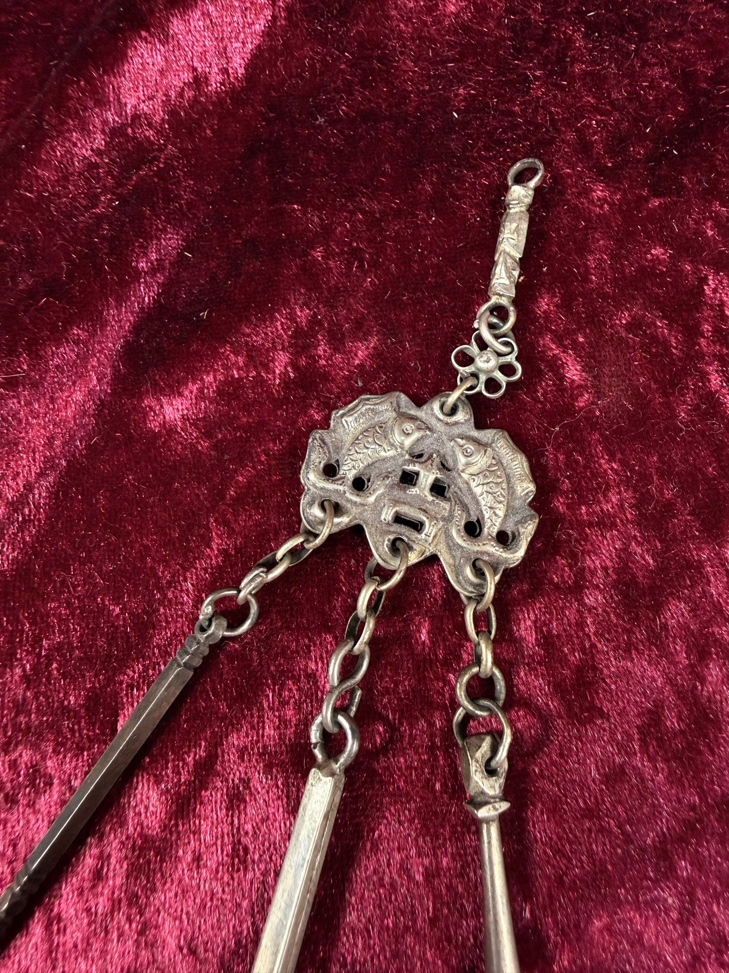 Antique Sterling Silver Opium Chatelaine – Twin Koi Fish and Monkey - Late Qing Dynasty