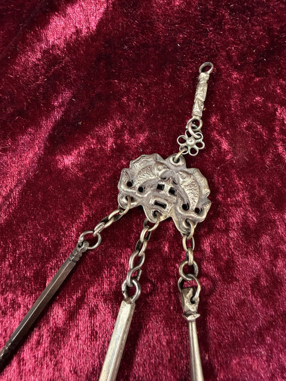 Antique Sterling Silver Opium Chatelaine – Twin Koi Fish and Monkey - Late Qing Dynasty